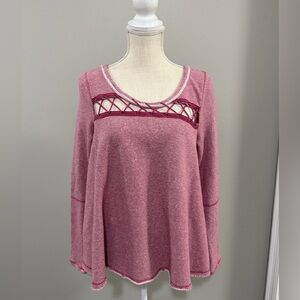 Free People Lacy Love Lattice Neck A-Line Terry Knit Pullover.Berry Combo